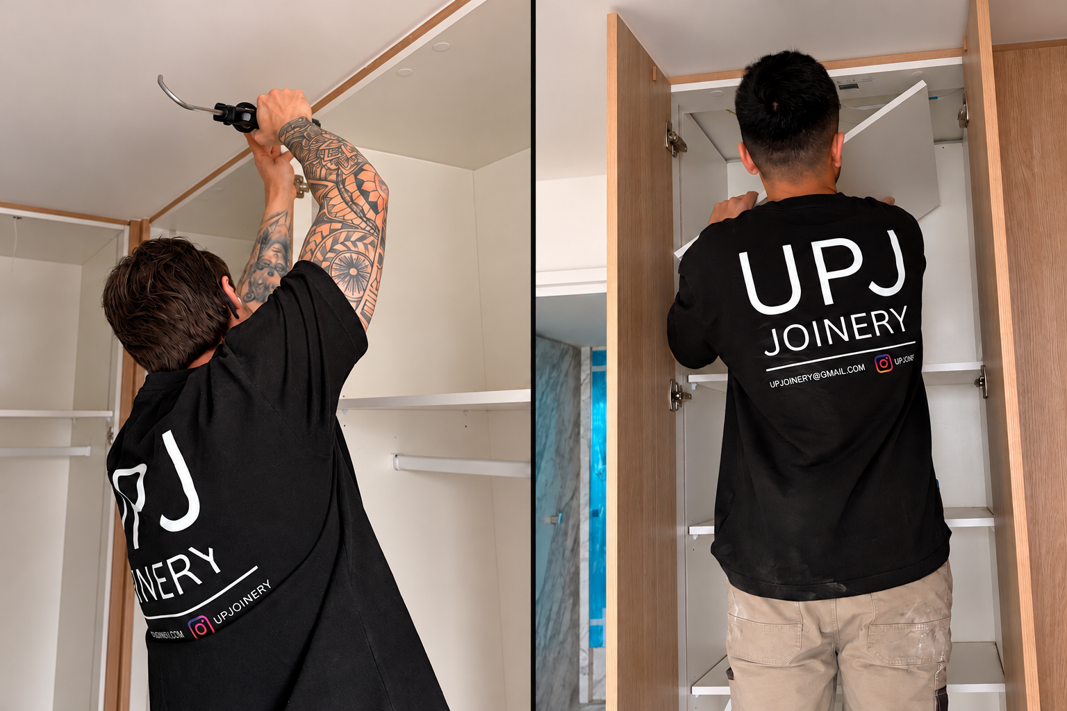 Two UPJ installers at work: applying sealant to cabinetry and fitting an internal shelf